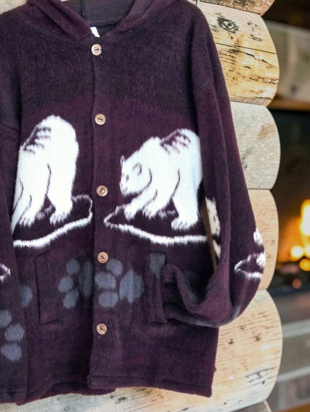 Vintage Inca Import Soft Polar Bear Hooded Sweater Jacket Burgundy Ecuador Sz XL